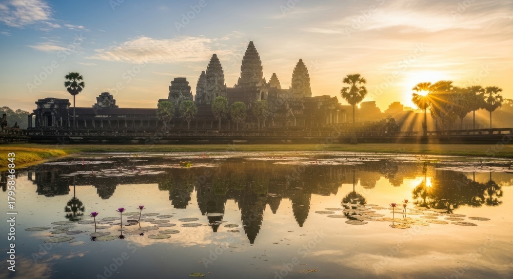 Fototapeta premium Angkor Wat Sunrise Reflection - A Timeless Cambodian Wonder.