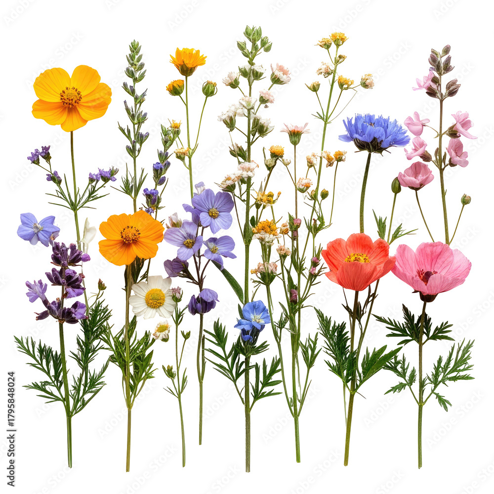 Fototapeta premium Colorful wildflowers with delicate stems against a black background