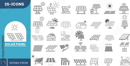 35 Solar Panel Icons for Clean Energy Projects, Renewable Electricity Systems, Eco-Friendly Power Generation, Green Technology Solutions, and Sustainable Innovation Designs.