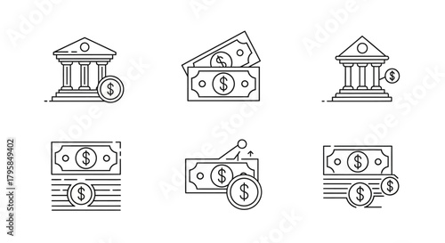Line art icons depicting banks and currency, illustrating finance and monetary transactions