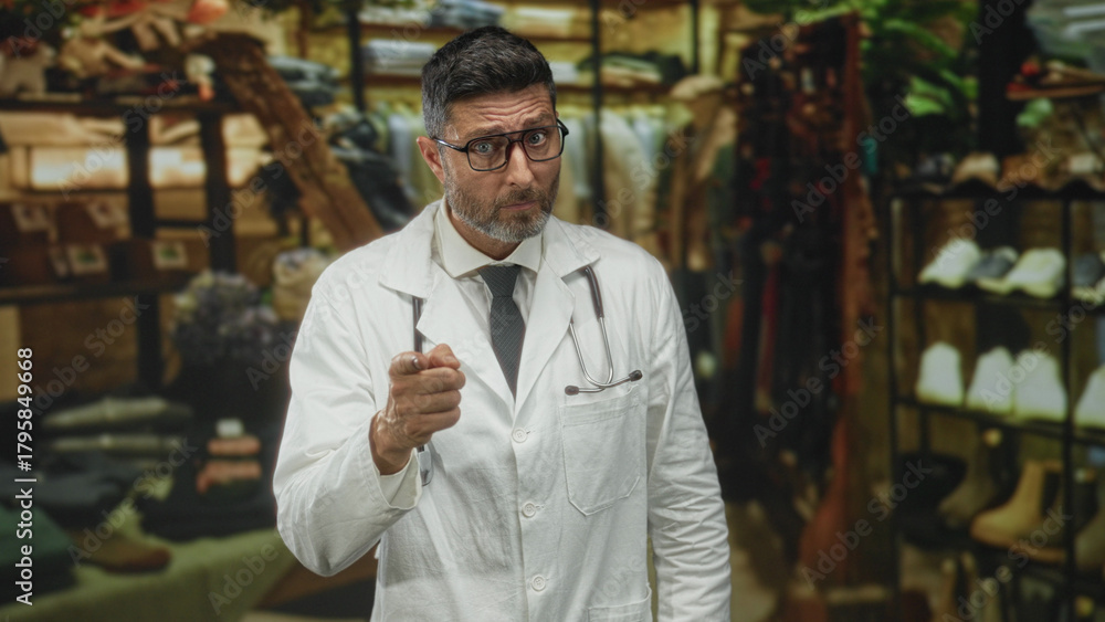 Fototapeta premium Man doctor in white coat pointing finger with stethoscope in a clothing shop building, glasses and tie visible; warning advice.