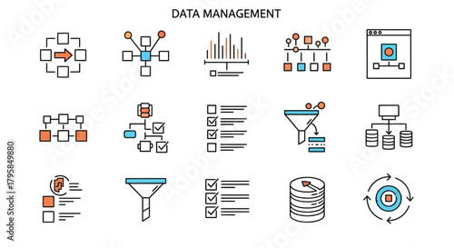 Data management icons, including flowcharts, lists, funnels, graphs, databases, and a processing cycle in orange and blue