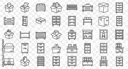 Black-and-white outlined icons of various storage solutions against a transparent background