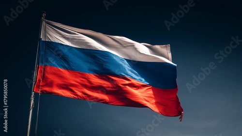 russian flag russia waving in the wind on dark blue background