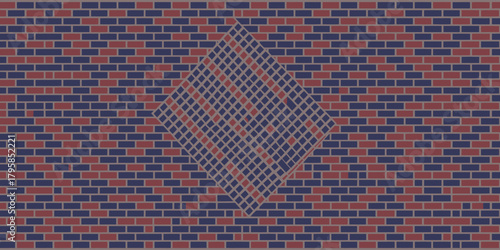 A brick wall with alternating red and blue bricks and a diamond shaped section with a grid pattern