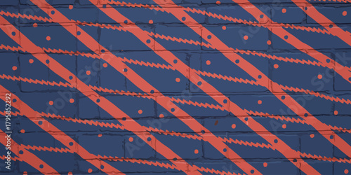 A brick wall painted with blue and red stripes and dots in a diagonal pattern across the entire surface
