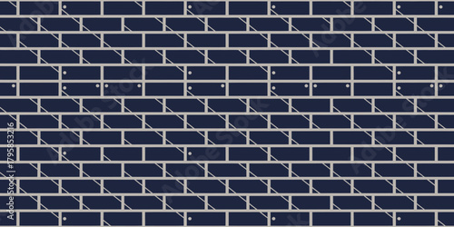 A dark blue brick wall pattern with white grout, diagonal lines and small white circles design element