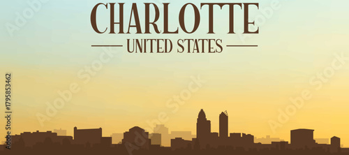 Panoramic poster of the city skyline with misty background buildings, hills sunrise, sunset and clouds of CHARLOTTE, UNITED STATES