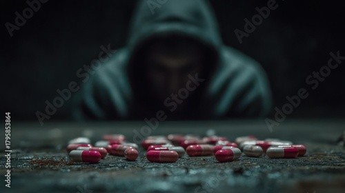 An unsettling close-up captures a person in a hooded sweatshirt contemplating drug pills, set against a dark backdrop. ..Created with Generative AI, not depicting real subjects.