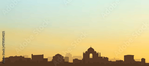 Panoramic poster of the city skyline with misty background buildings, hills sunrise, sunset and clouds of NEW DELHI, INDIA