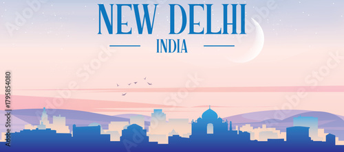Panoramic poster of the city skyline with misty background buildings, hills sunrise, sunset and clouds of NEW DELHI, INDIA