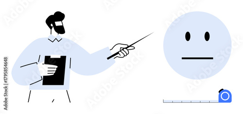 Man holding clipboard and pointing at face emoticon while illustrating feedback process and evaluation using scale. Ideal for education, feedback, training, management, measurement, analysis