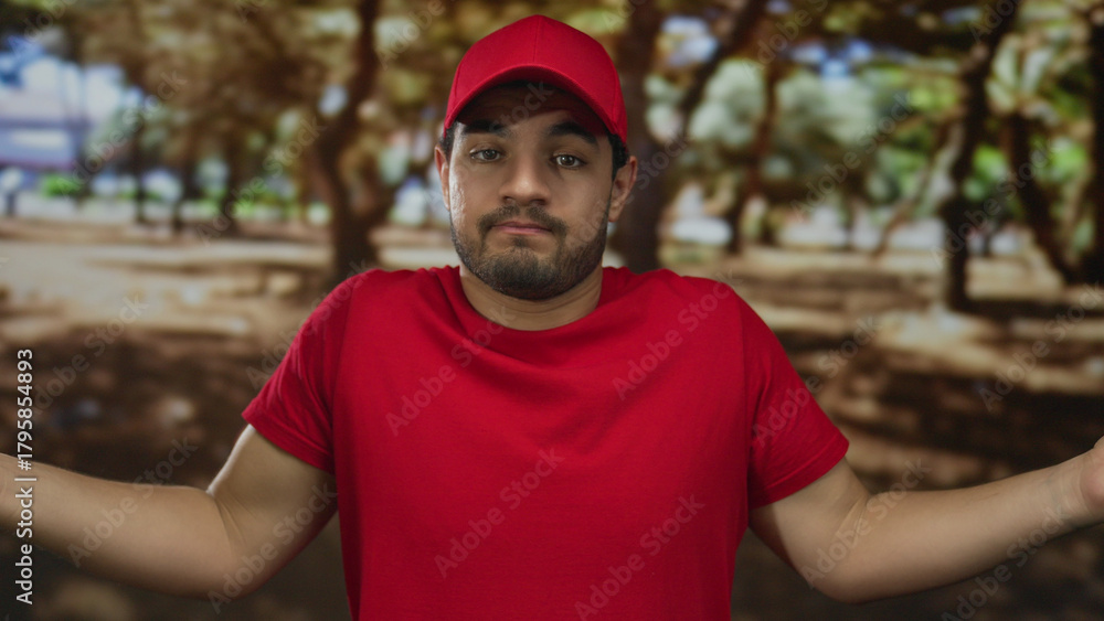 Obraz premium Man shrugs shoulders in sunny green park wearing bright red cap and t shirt with arms outstretched; uncertainty doubt confusion indecision.
