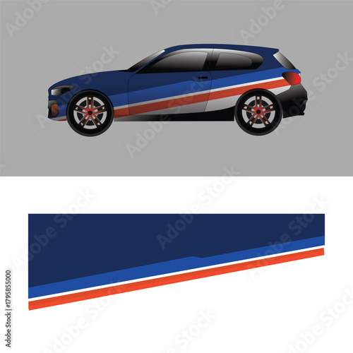 The minimalist car livery design with a combination of navy blue, light blue, white, and orange, forms modern and elegant diagonal lines.