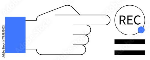 Hand pointing towards recording icon with blue dot and parallel bars. Ideal for recording, action initiation, communication, interaction, guidance, media, technology. Simple flat metaphor