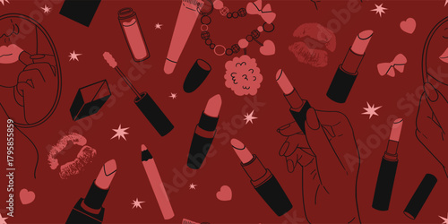 Seamless pattern with decorative cosmetics. Makeup and beauty. Lipsticks of various shapes and colors, gloss with a pendant, lip liner, hands with a mirror, lip prints. Vector illustration.