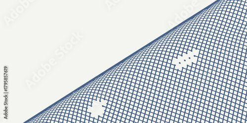 A close up of a blue net fabric with holes on a white background in a diagonal composition view