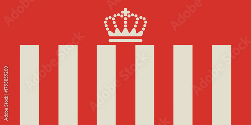 A graphic design with red and white stripes and a crown centered at the top of the image design