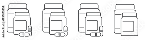Bottle with pills line icons set isolated on transparent background. Minimal outline medical symbols with editable stroke, ideal for pharmacy, healthcare, and medication design projects.