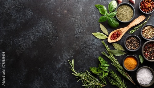 top down view of various herbs and spices on a dark stone surface with empty space