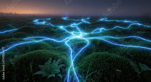 Electric Field Over Green Landscape - A Surreal and Vibrant Display.