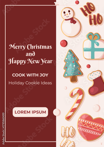 А4 Christmas and New Year banner with stylized gingerbread cookies. The cookies include a snowman, heart, and Christmas tree. Banner template for websites, flyers, covers, splash pages