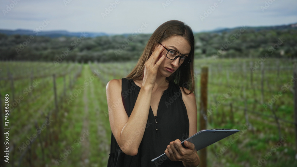 Fototapeta premium Woman wearing glasses touches her temple and reads a clipboard among vineyard rows in a field; planning contemplation.