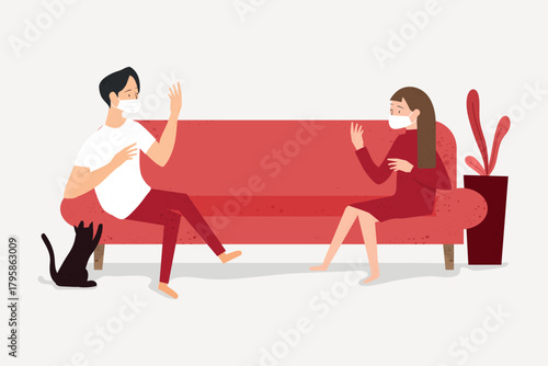 Social distancing element, couple sitting on sofa vector