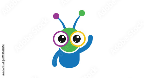 A colourful cartoon alien waving its hand