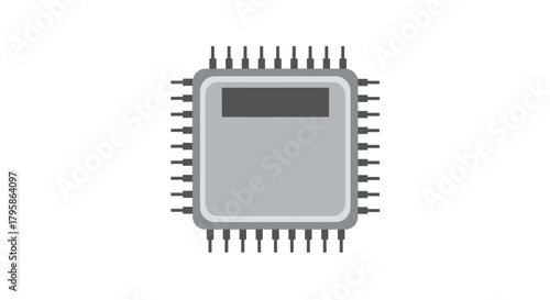 Gray, flat vector diagram of microchip with pins on isolated white background