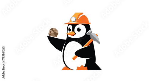 Penguin miner cartoon wearing a helmet