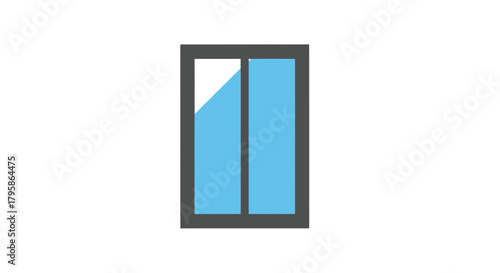 A gray-framed window with blue panes, the left filled diagonally with white