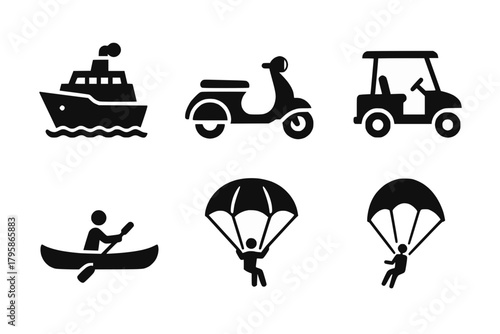 Transport and Leisure Silhouette Icons Set