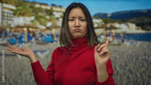 Фотография Woman in red sweater gestures finger no on beach with blurred sea and umbrellas in background, conveying displeasure or disapproval in a seaside context