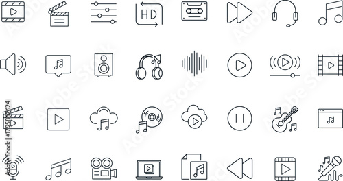 Audio and Video Media Production Vector Icons. Set of 32 line art symbols for music, film editing, and playback controls. Includes clapperboard, equalizer, and headphones