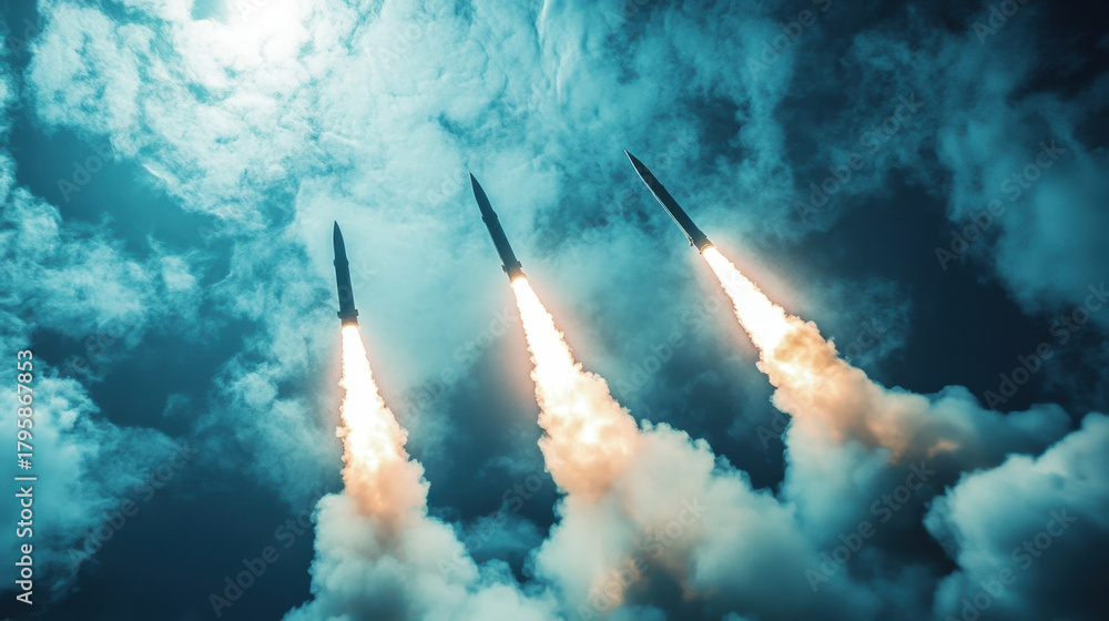 Naklejka premium Three Powerful Rockets Launching Through the Clouds into the Sky