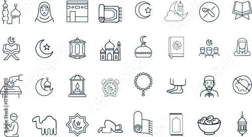 Muslim Culture and Religious Practice Vector Icons. Set of 32 line art symbols for Islam, Ramadan, and Eid. Includes mosque, Quran, prayer mat, crescent, and lantern