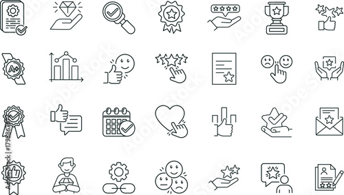 Customer Feedback and Review Vector Icons. Set of 32 line art symbols for ratings, testimonials, and quality assurance. Includes star ratings, speech bubbles, and verified badges