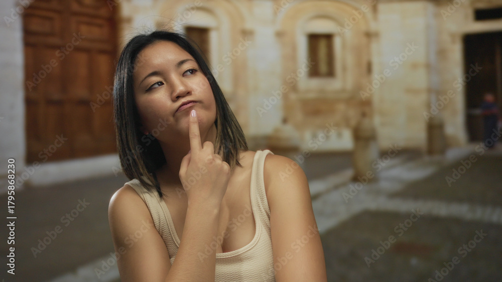 Naklejka premium Woman thinking outdoors with thoughtful expression in city street wearing casual clothing on a summer day with historical architecture in the background.