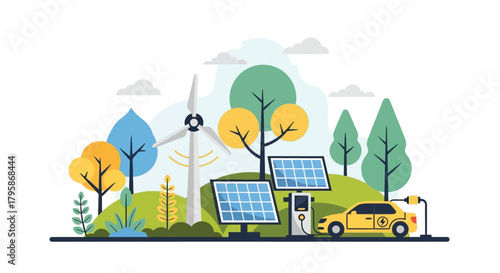 Renewable Energy Illustration with Solar Panels and Wind Turbine