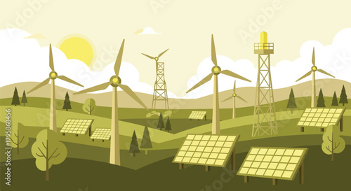 Renewable Energy Landscape with Wind Turbines and Solar Panels