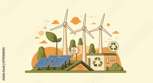 Renewable Energy Landscape with Wind Turbines and Solar Panels