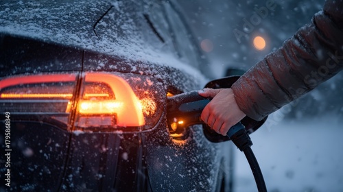 A person is plugging an electric vehicle (EV) into a charging station, set against a snow-covered backdrop. ..Created with Generative AI, not depicting real subjects.