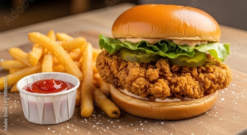 Fried Chicken Sandwich with Fries and Ketchup — Realistic Fast-Food Style Photo Mockup