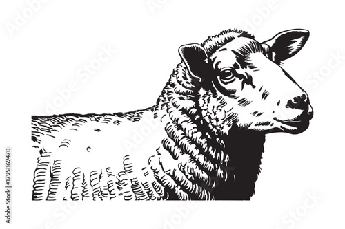 Detailed black and white illustration of a sheep s head and shoulders