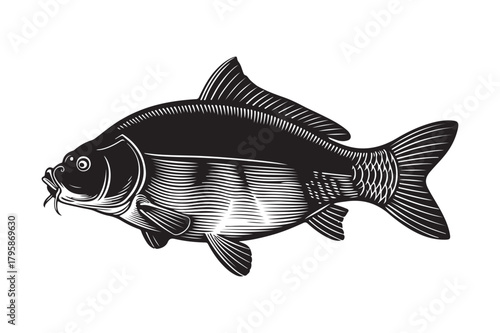 Vintage engraving of a black carp fish