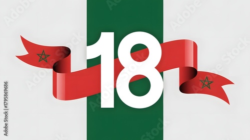 Celebrate morocco independence day august eighteenth with flag ribbon and number eighteen vector graphic