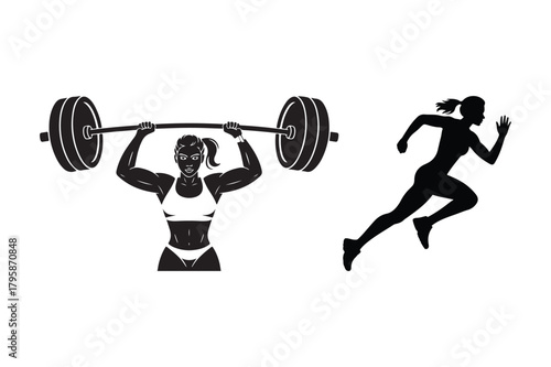 Silhouettes of a woman lifting weights and a woman running