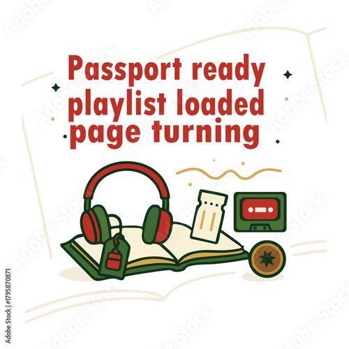 Passport Ready Playlist Loaded Page Turning Travel Illustration