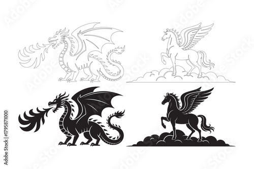 Mythical creatures dragon and pegasus silhouette with smoke clouds